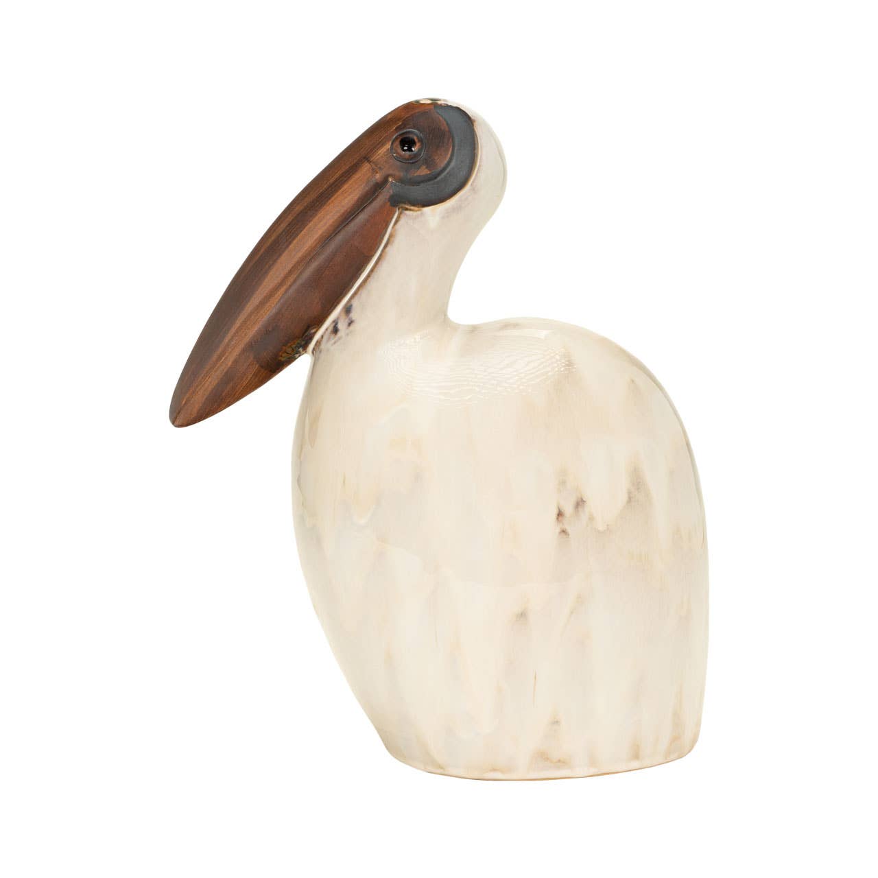 Tall Beige and Brown Ceramic Pelican Bird Sculpture, 15.5"h