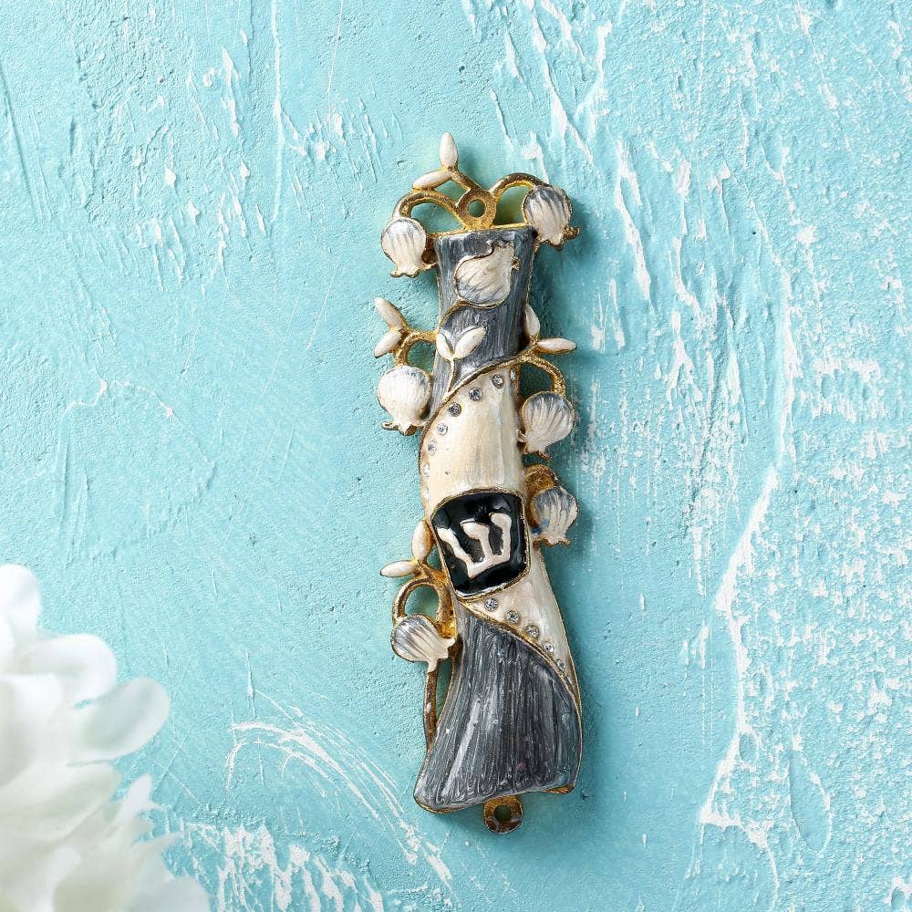 Hand Painted Grey & White Enamel Mezuzah w/ Crystals