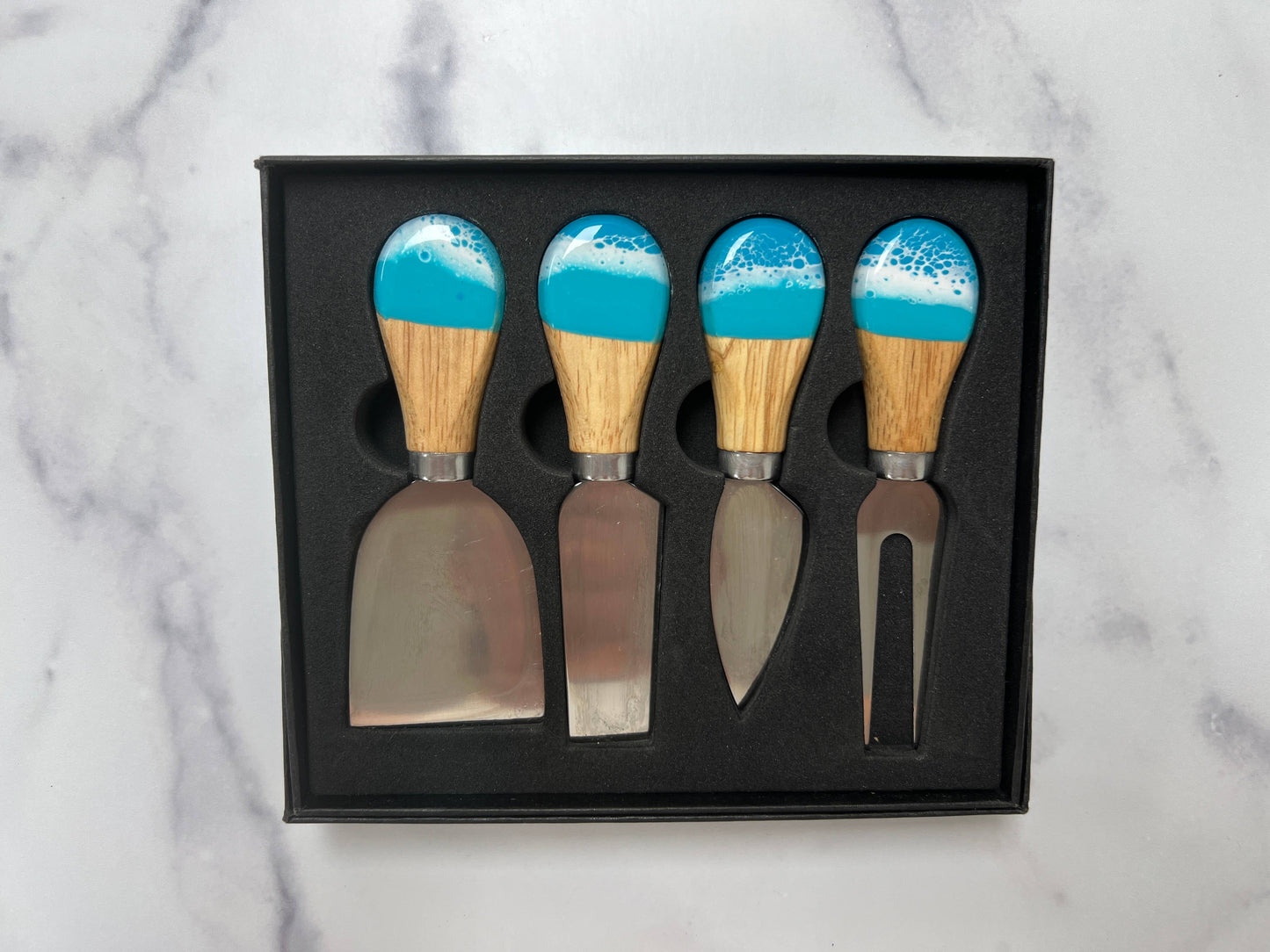 Cheese Utensil Set of 4 with black box organic resin poured
