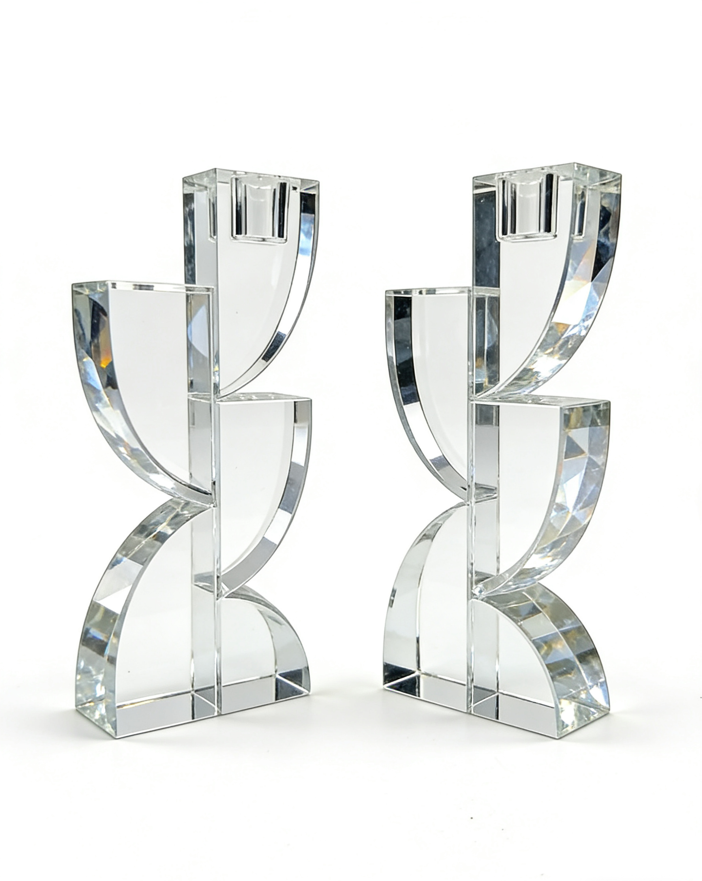 7" Modern Crystal Sculptural Candle Holders, Clear – Set of 2