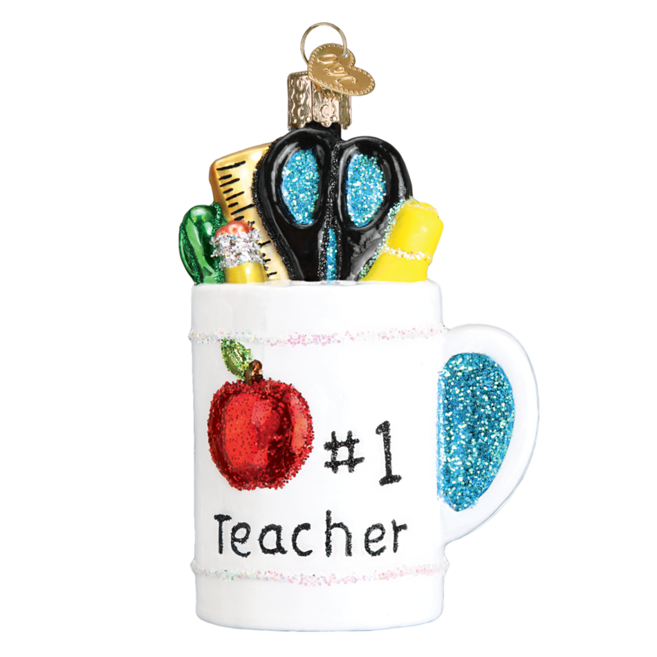 Hand Blown, Hand Painted Glass Christmas Ornament (#1 Teacher Mug)