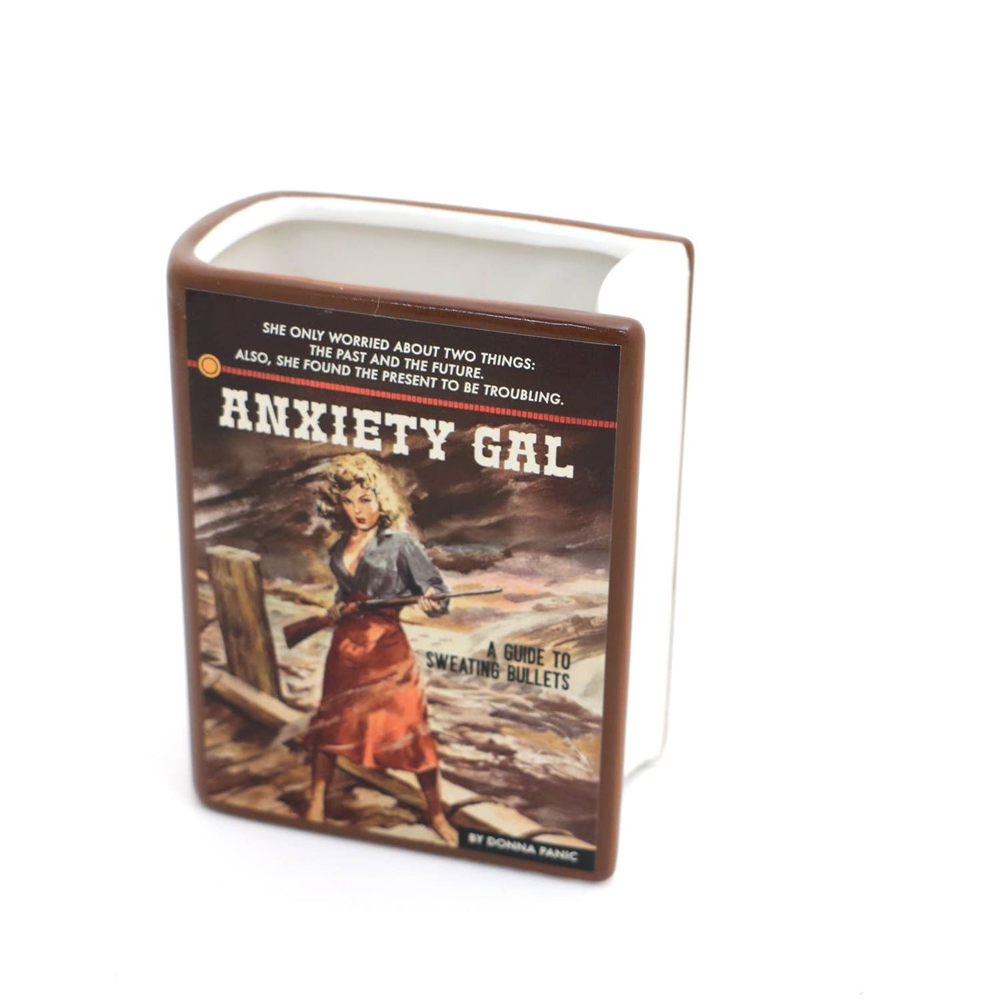 Anxiety Gal Book Vase, decoupaged, Book shaped pencil holder