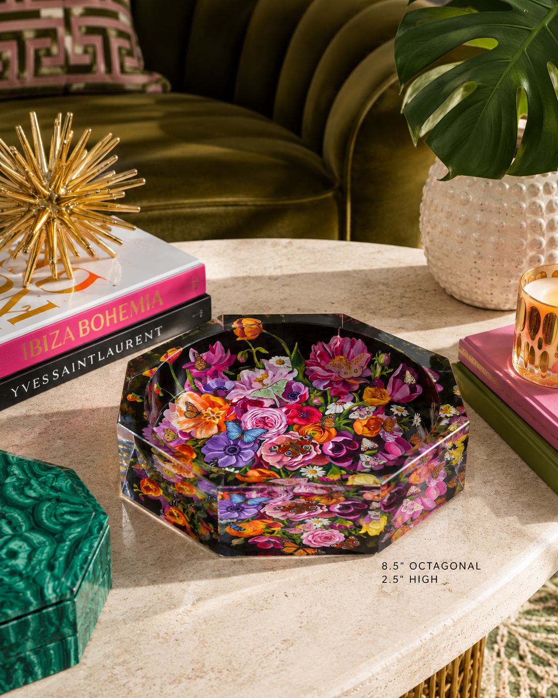 Octagon Acrylic Bowl, Elegant Floral