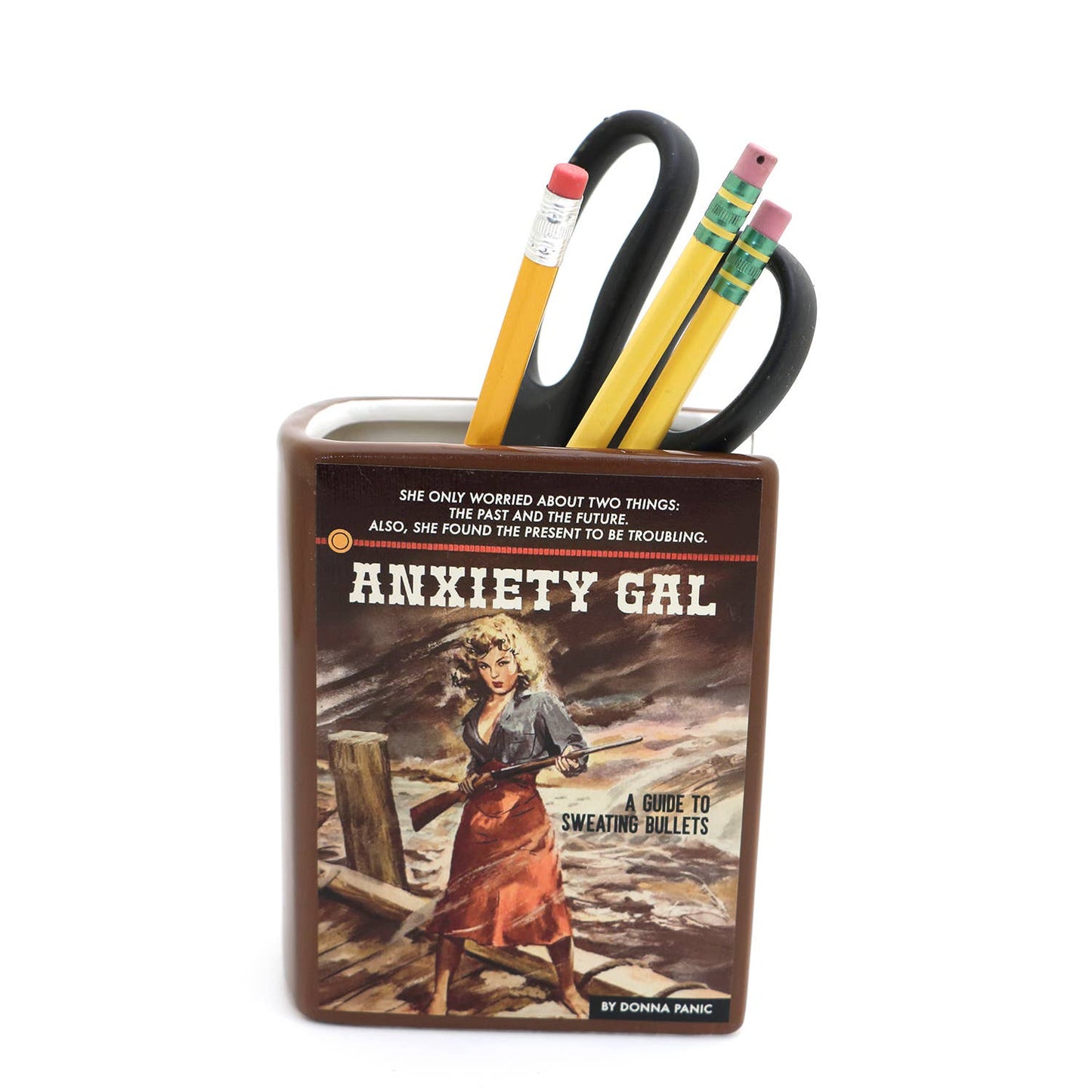 Anxiety Gal Book Vase, decoupaged, Book shaped pencil holder