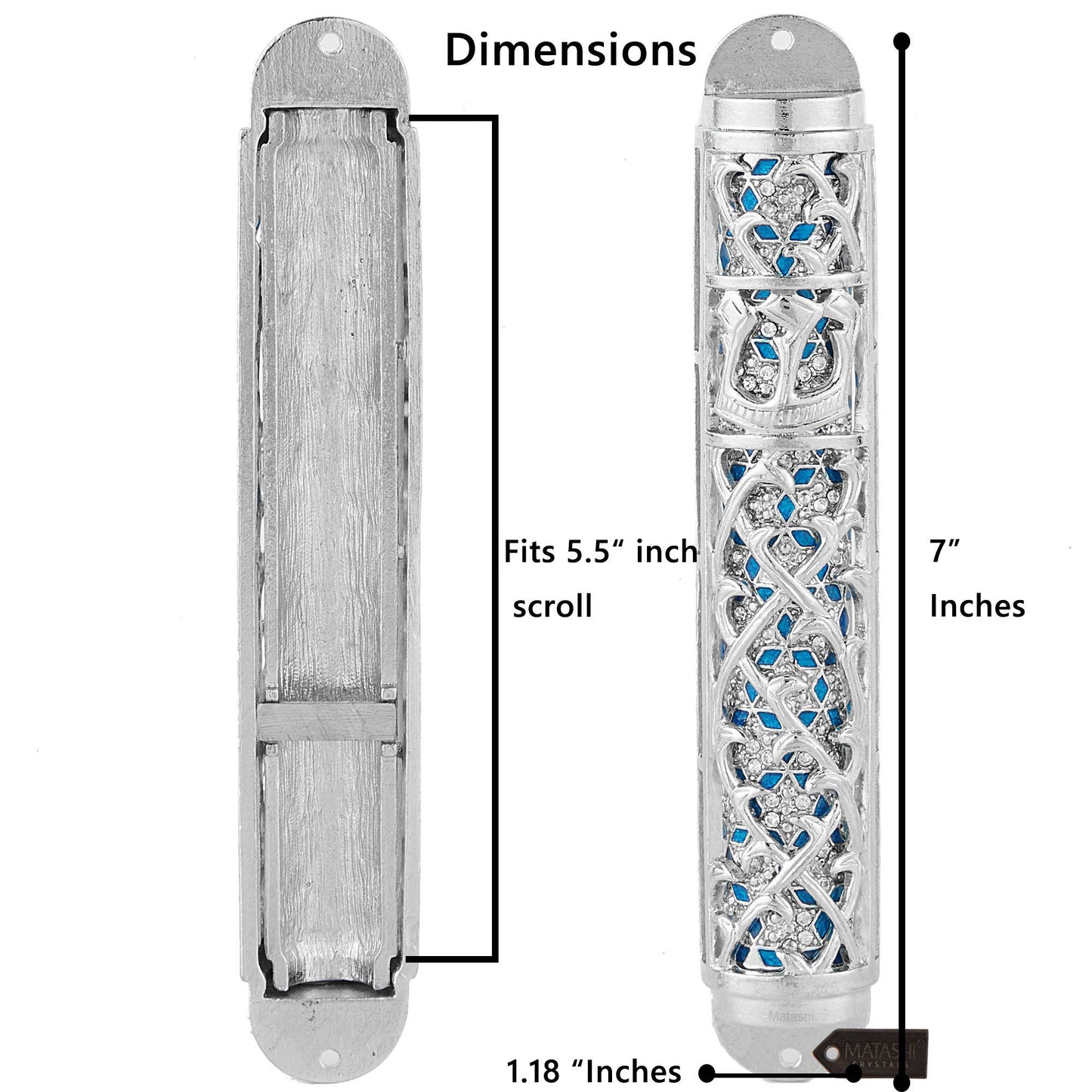 Hand Painted Blue and Silver Enamel 7'' Mezuzah with Crystals