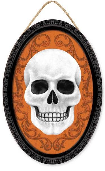 13"Hx9"L Framed Skull Oval Sign Black/White/Orange