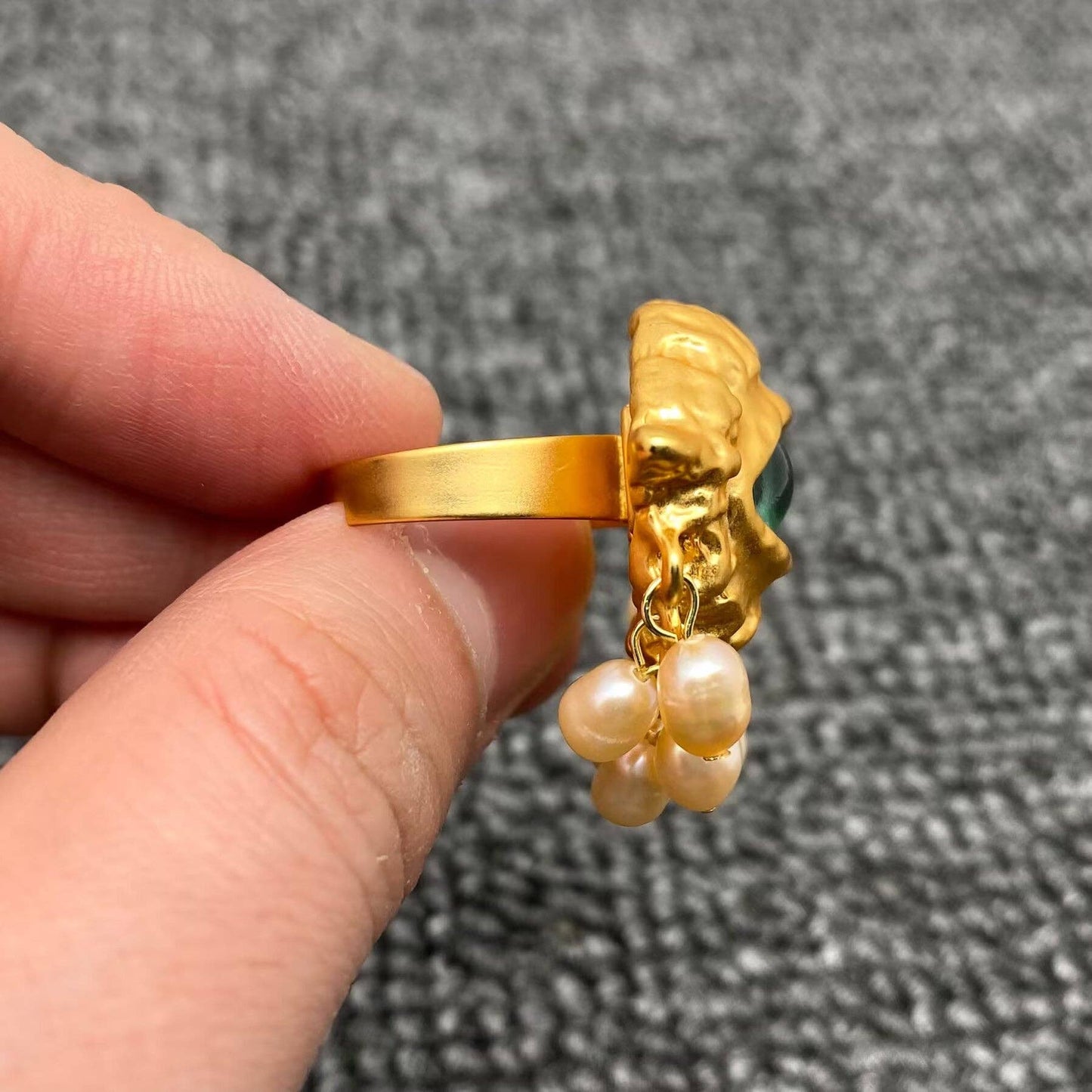 Vintage Pearl fringe Evil Eye Matte gold plating Adjustable Ring