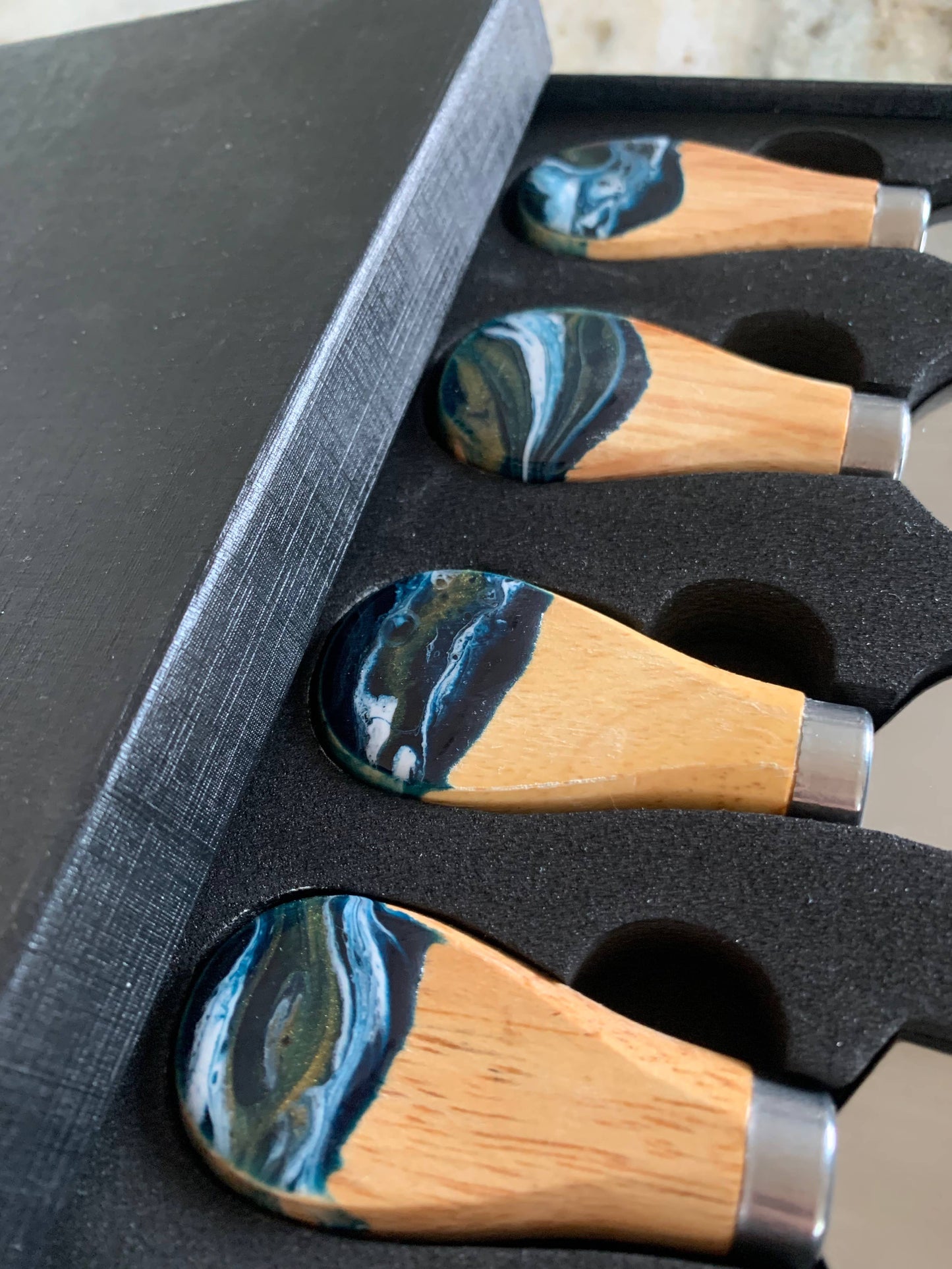Cheese Utensil Set of 4 with black box organic resin poured