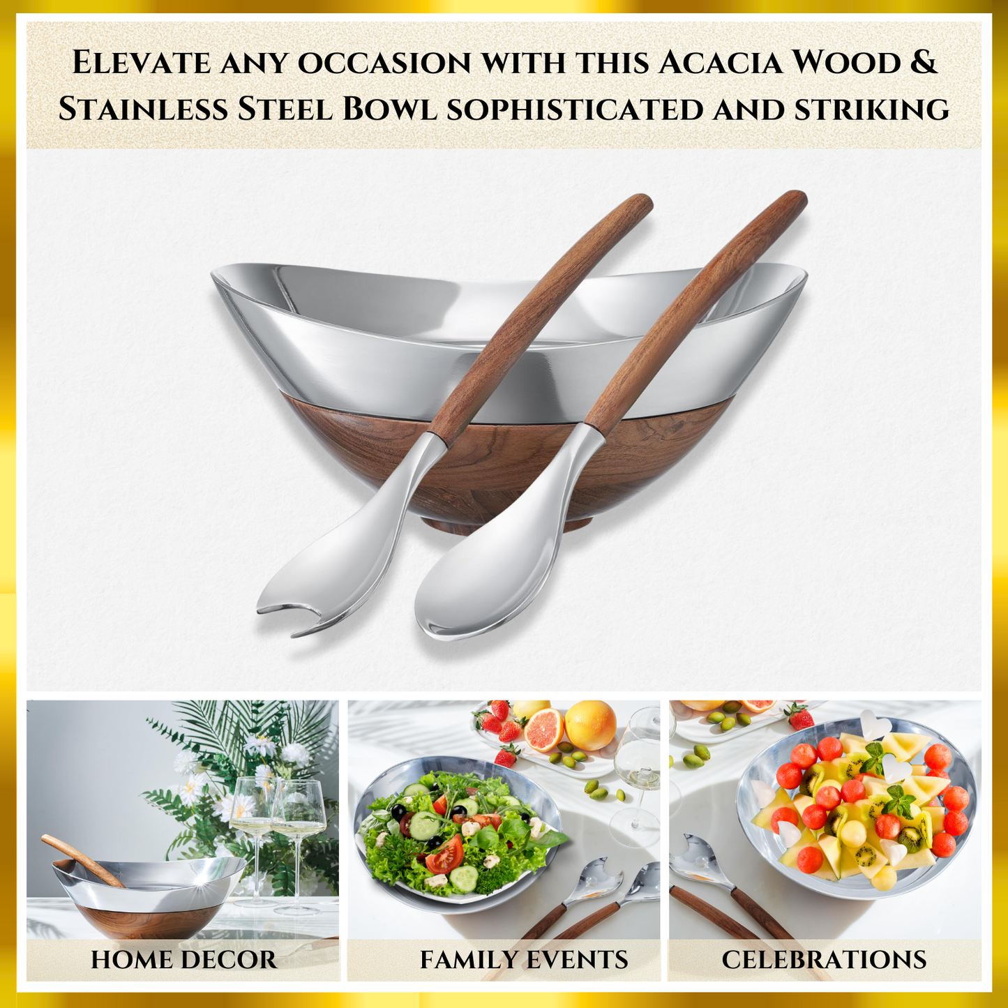 Decorative Acacia Wood & Silver Serving Bowl With Two Server
