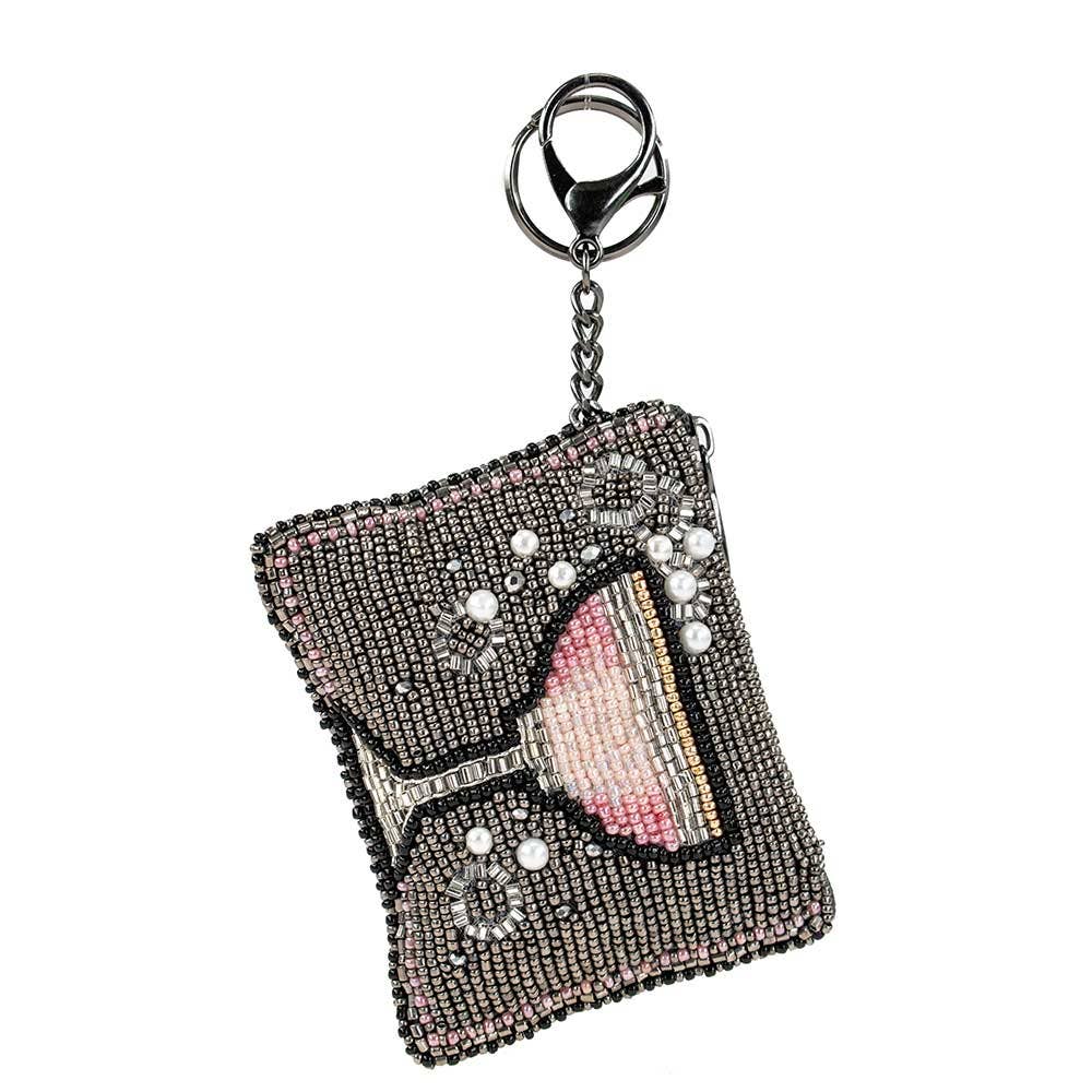 Pink Champagne Beaded Champagne Glass Coin Purse/Key Fob