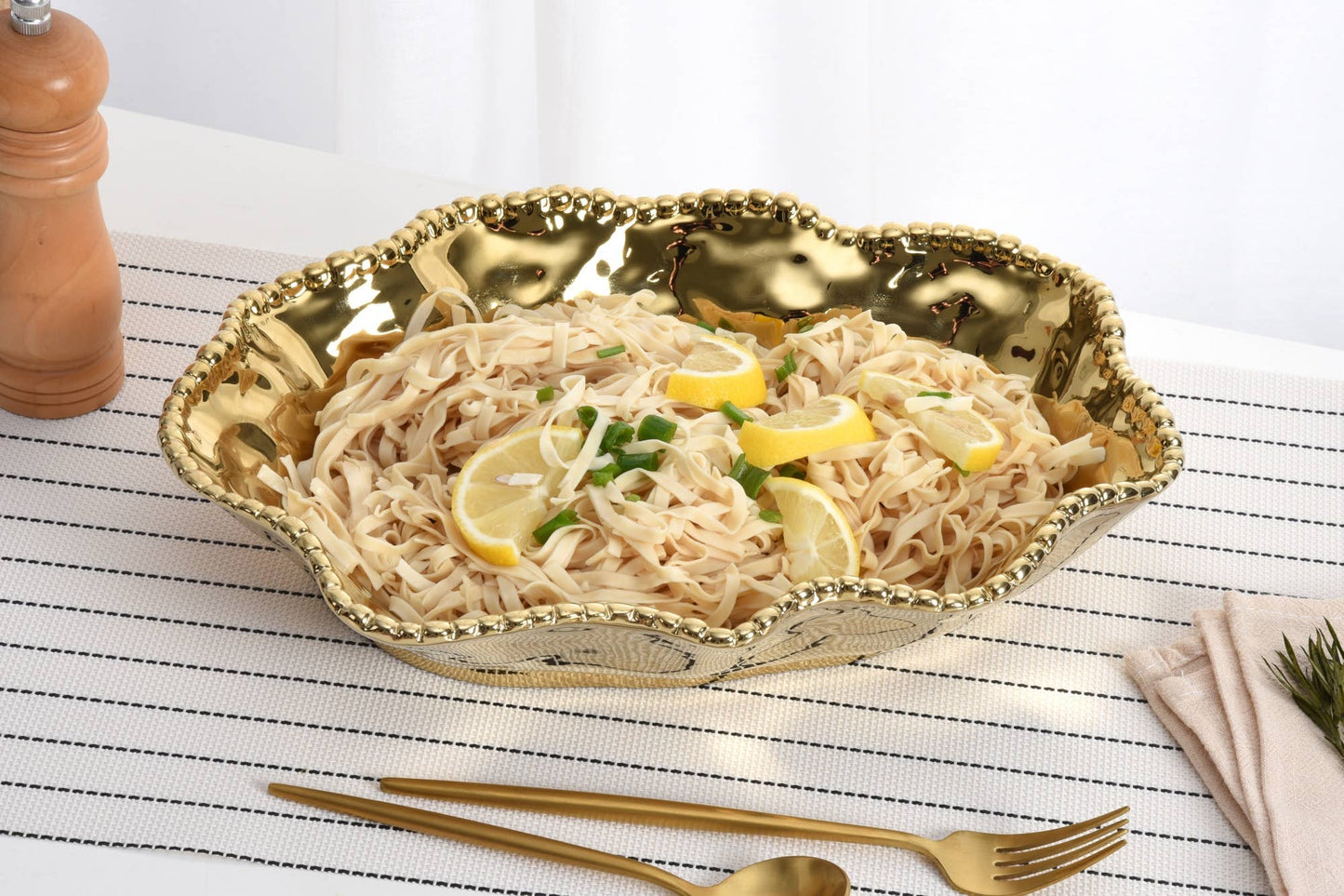 Scalloped Edge Serving Bowl in Gold Porcelain