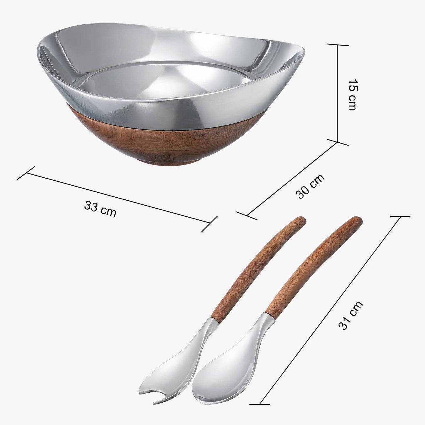 Decorative Acacia Wood & Silver Serving Bowl With Two Server