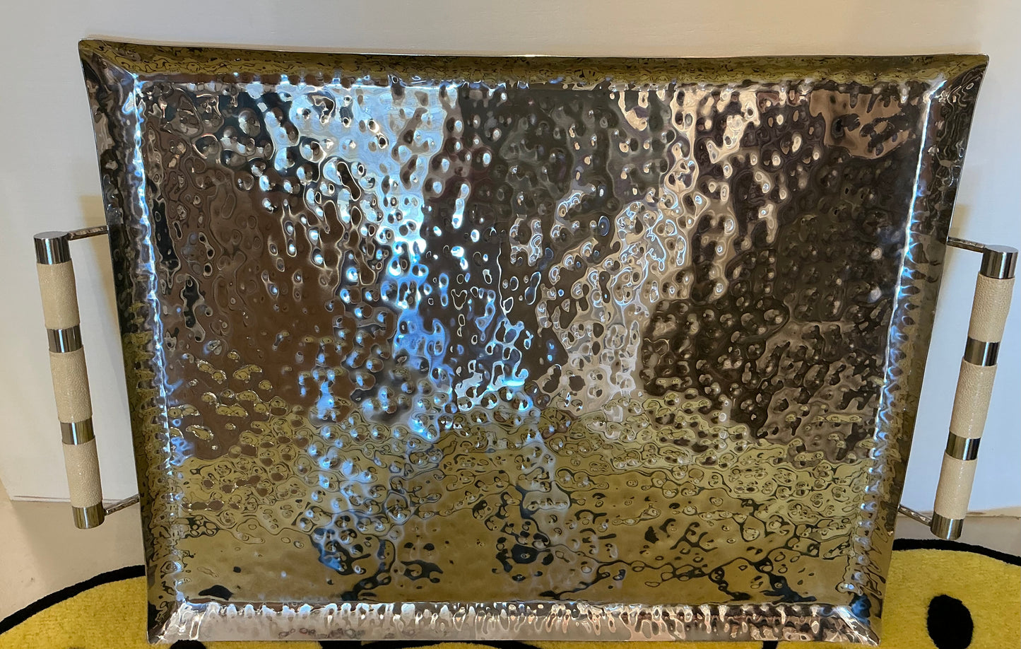 28 in x 22 in Hand Forged Stainless Steel Ottoman Tray With Shagreen Handles
