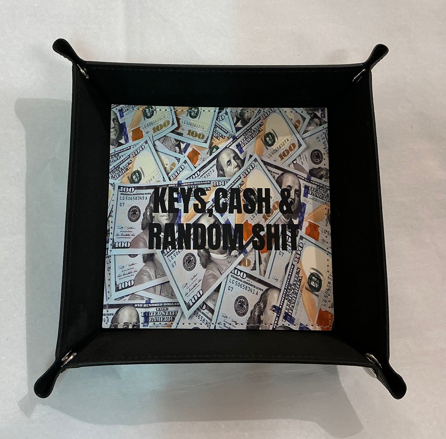 Handmade Leather Valet Tray- “Keys, Cash, and Random Shit” 6.5”