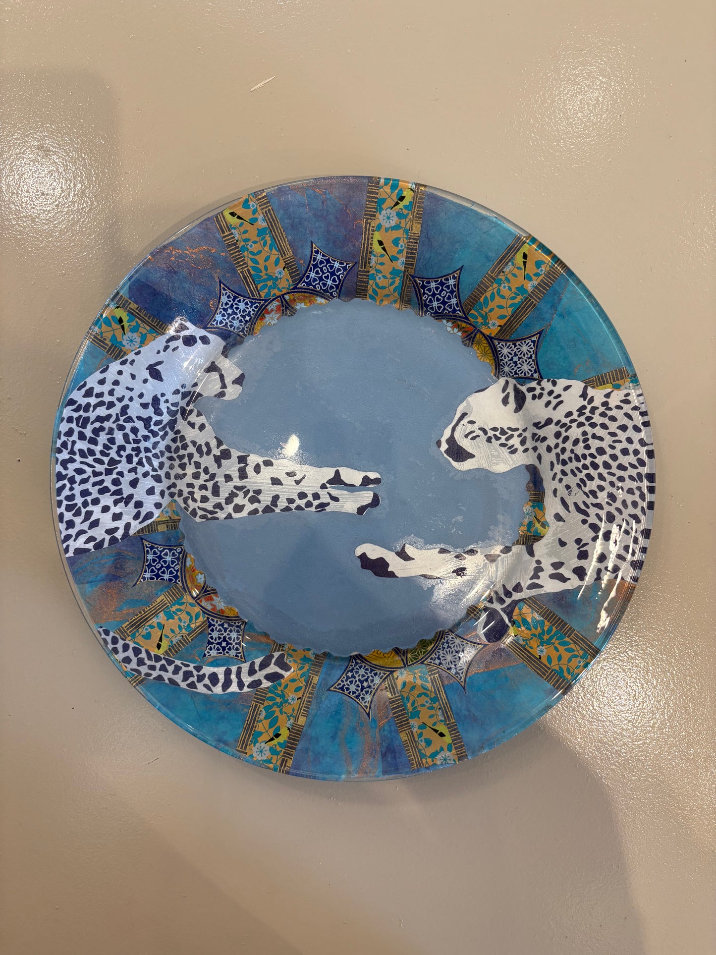 Handmade Decoupage Glass Plate "Blue Cheetah" **EXCLUSIVE**