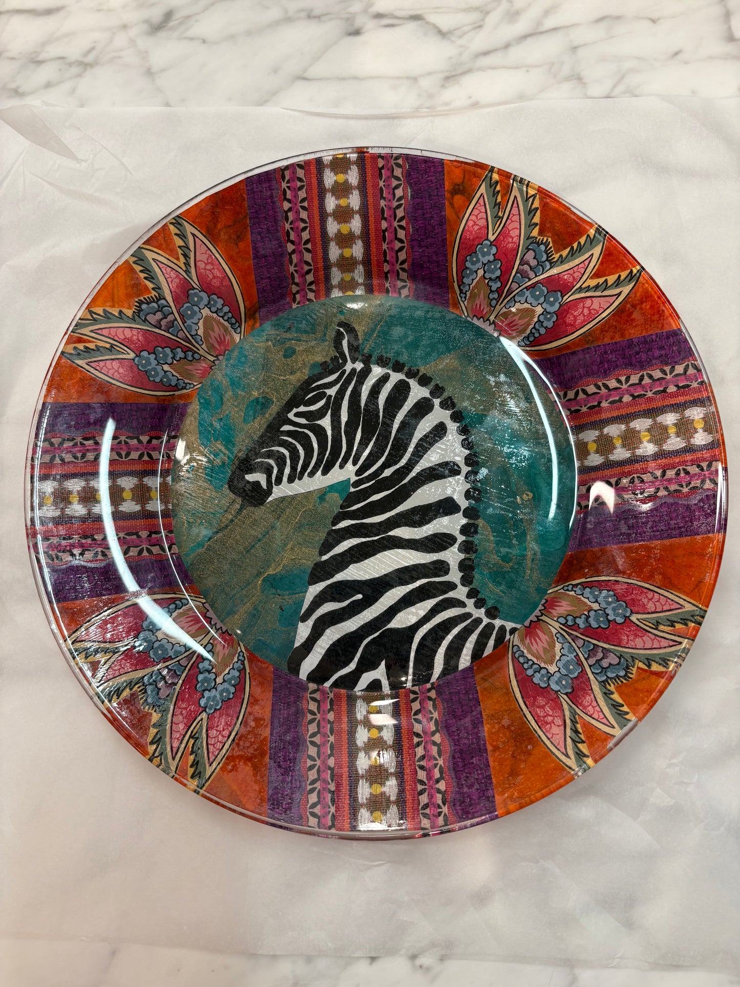 Handmade Decoupage Glass Plate "Zebra" *Exclusive