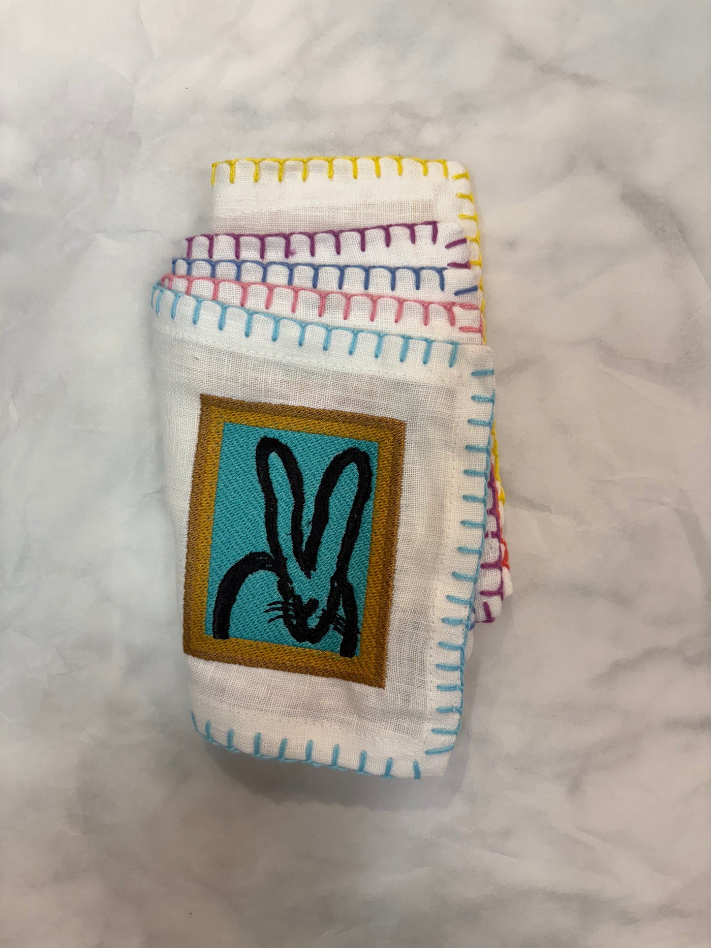 Framed Bunnies: Embroidered Cocktail Napkin Set of 6