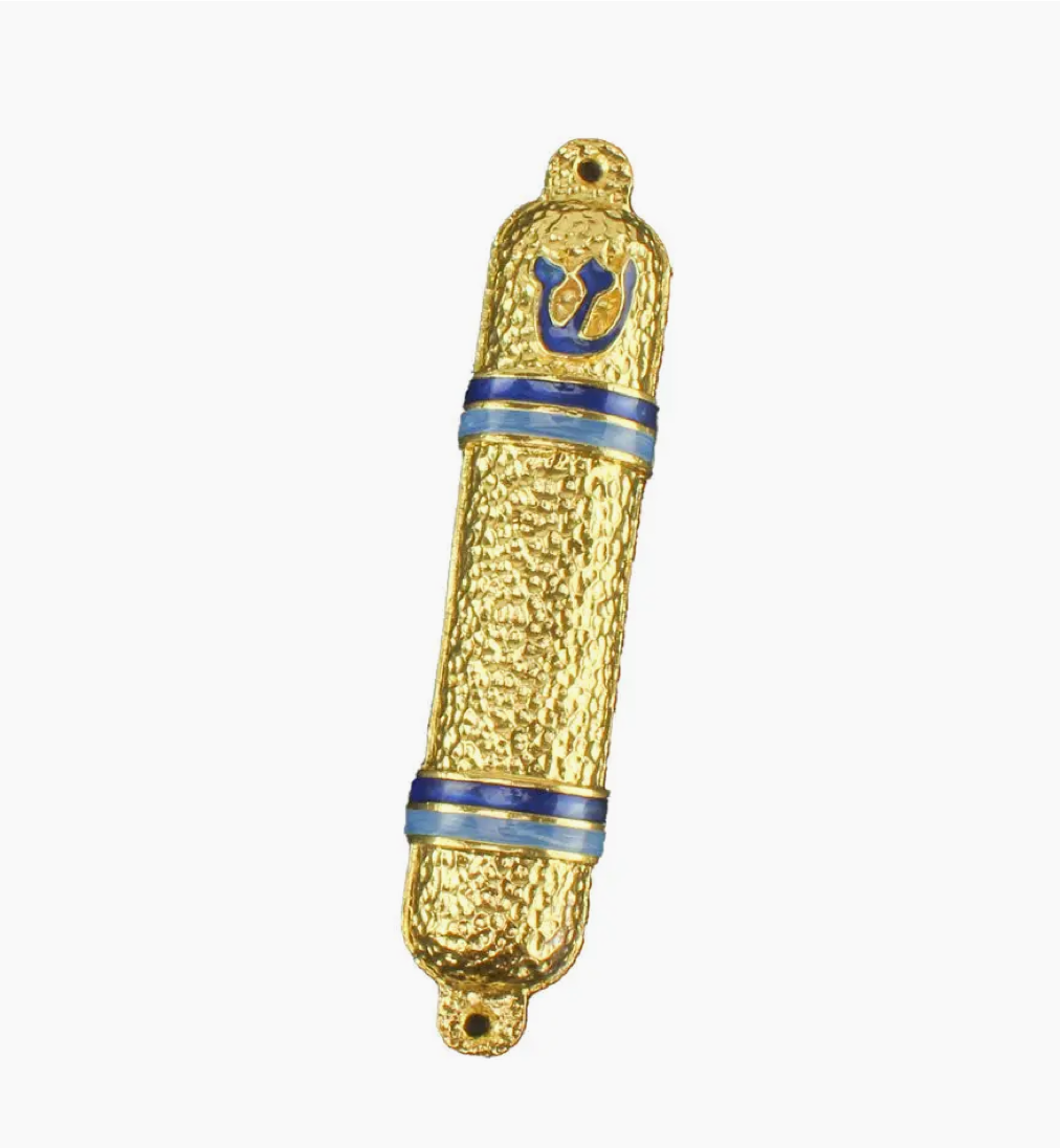 Metal Mezuzah Case Gold with Blue Lines