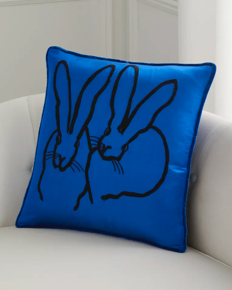 Hand Emb Silk & Velvet Bunny Pillow Cobalt