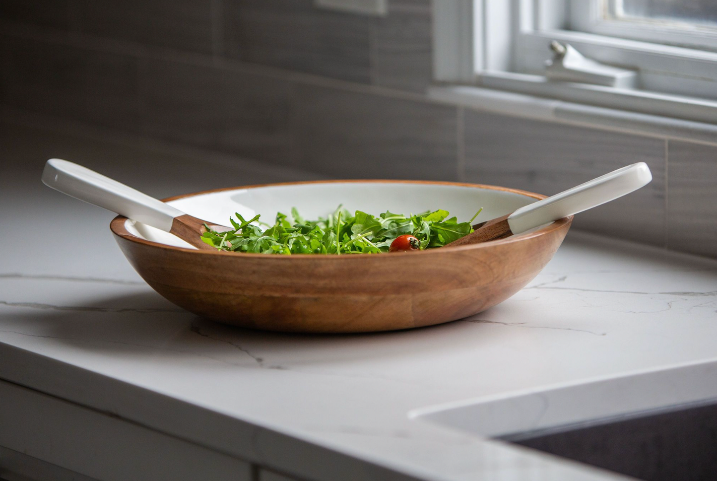 Wood + White Collection Mango Wood Salad/Serving Bowl, Large