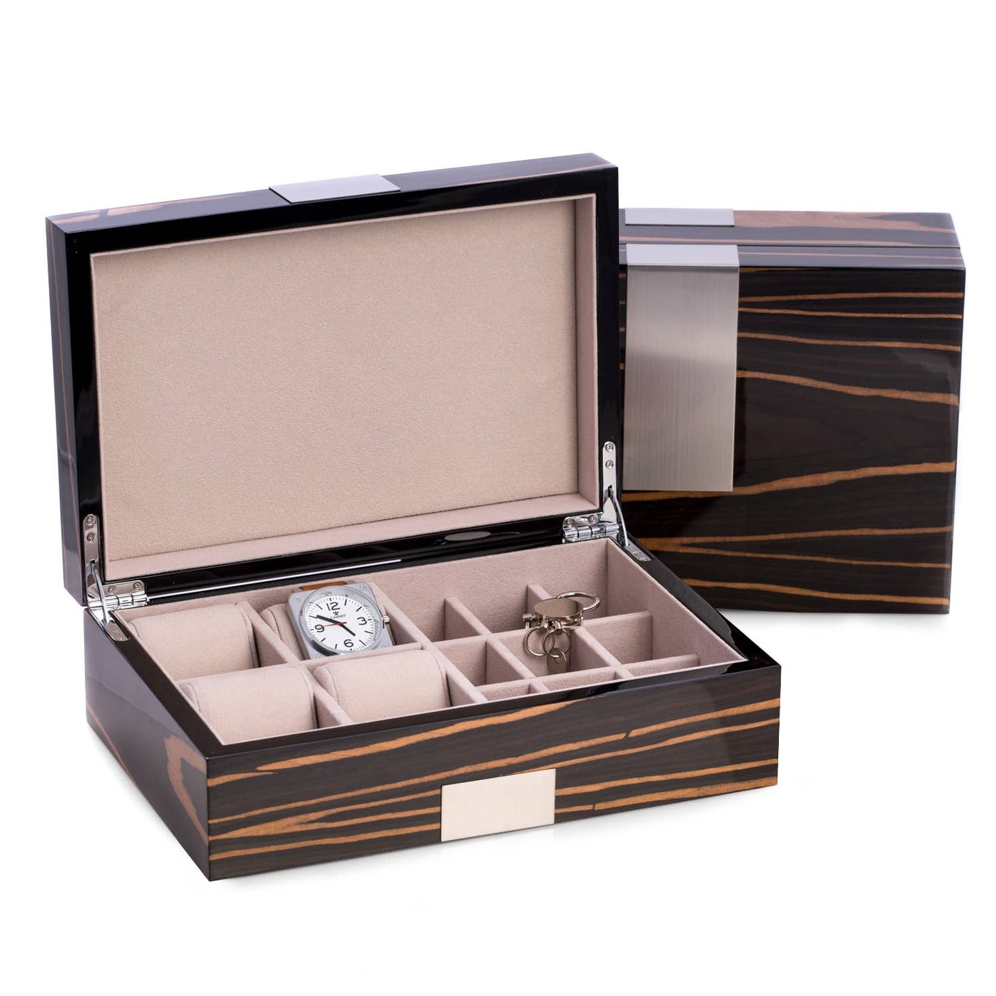 Lacquered "Ebony" Burl Wood Valet Box with Stainless Steel