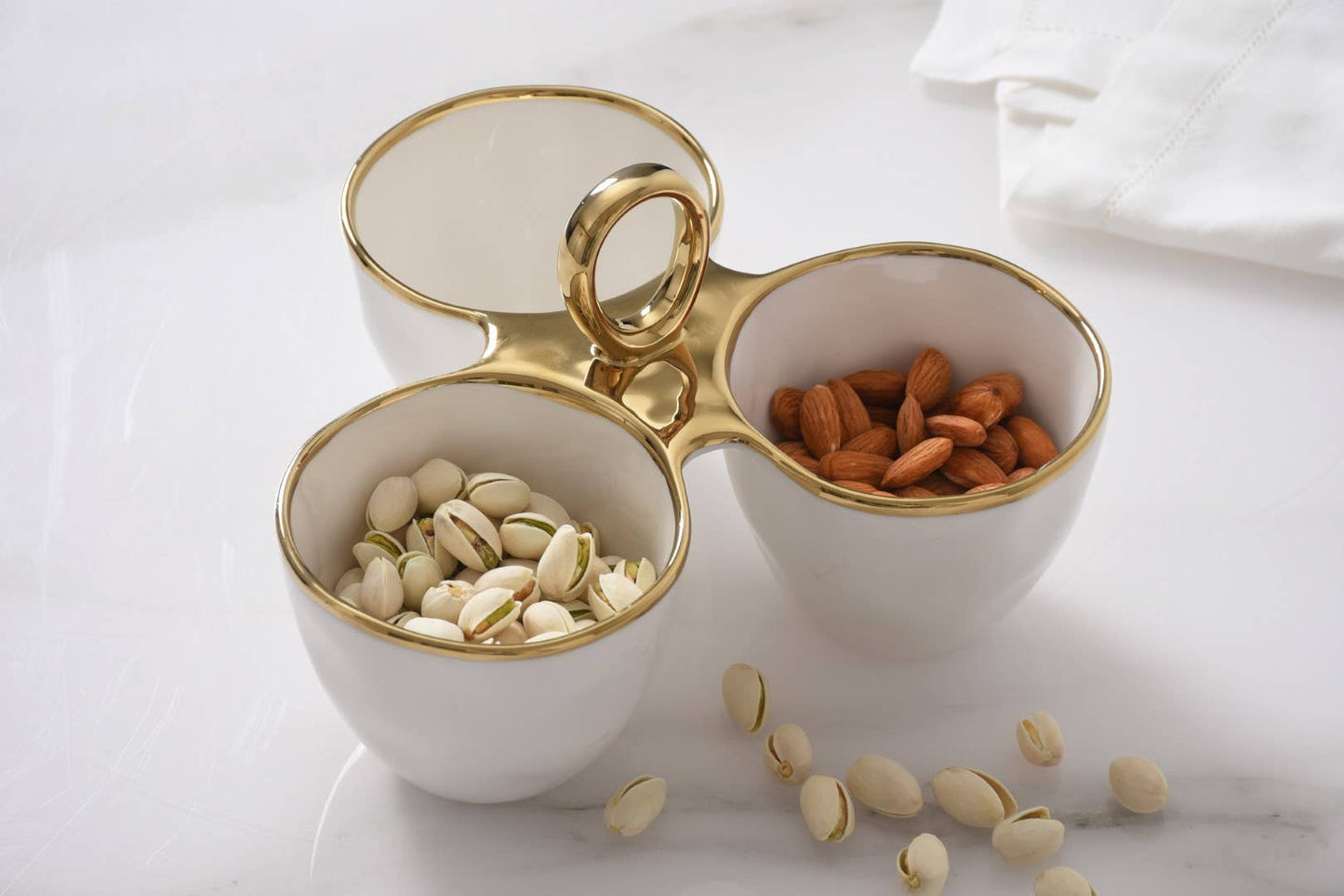 3 Part Server in White Porcelain/Gold with Handle