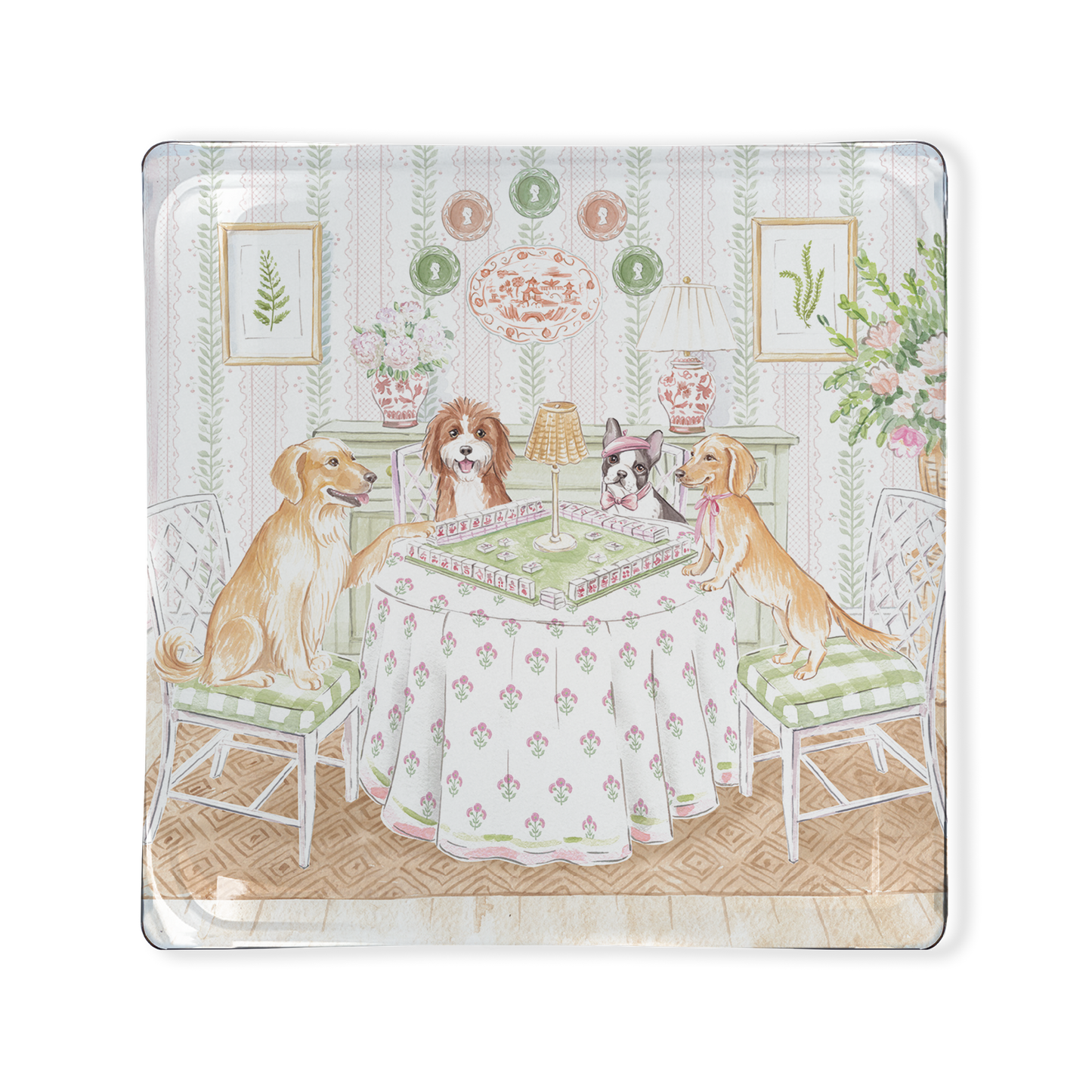 Dogs playing Mahjong Glass Tray/Wall Art