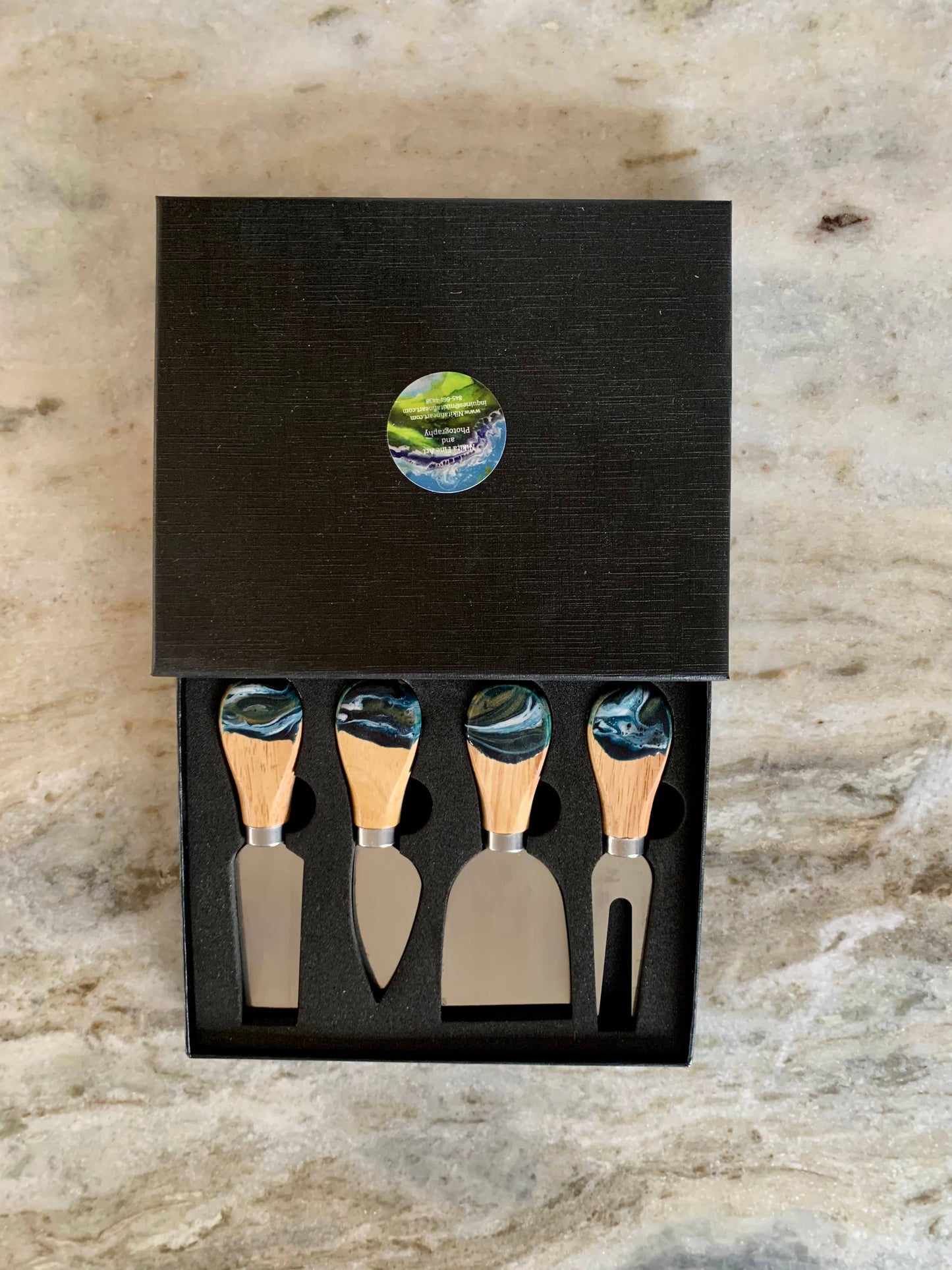 Cheese Utensil Set of 4 with black box organic resin poured