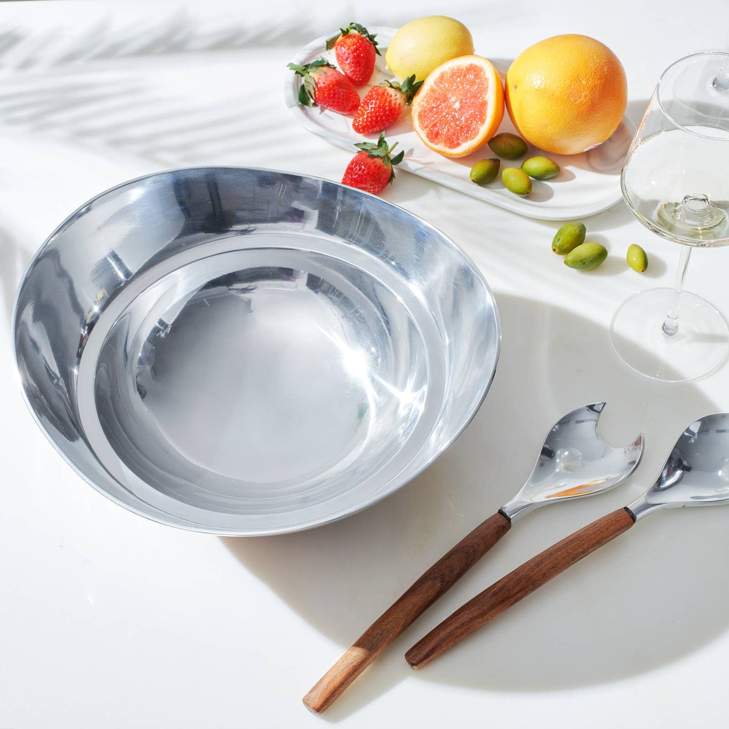 Decorative Acacia Wood & Silver Serving Bowl With Two Server
