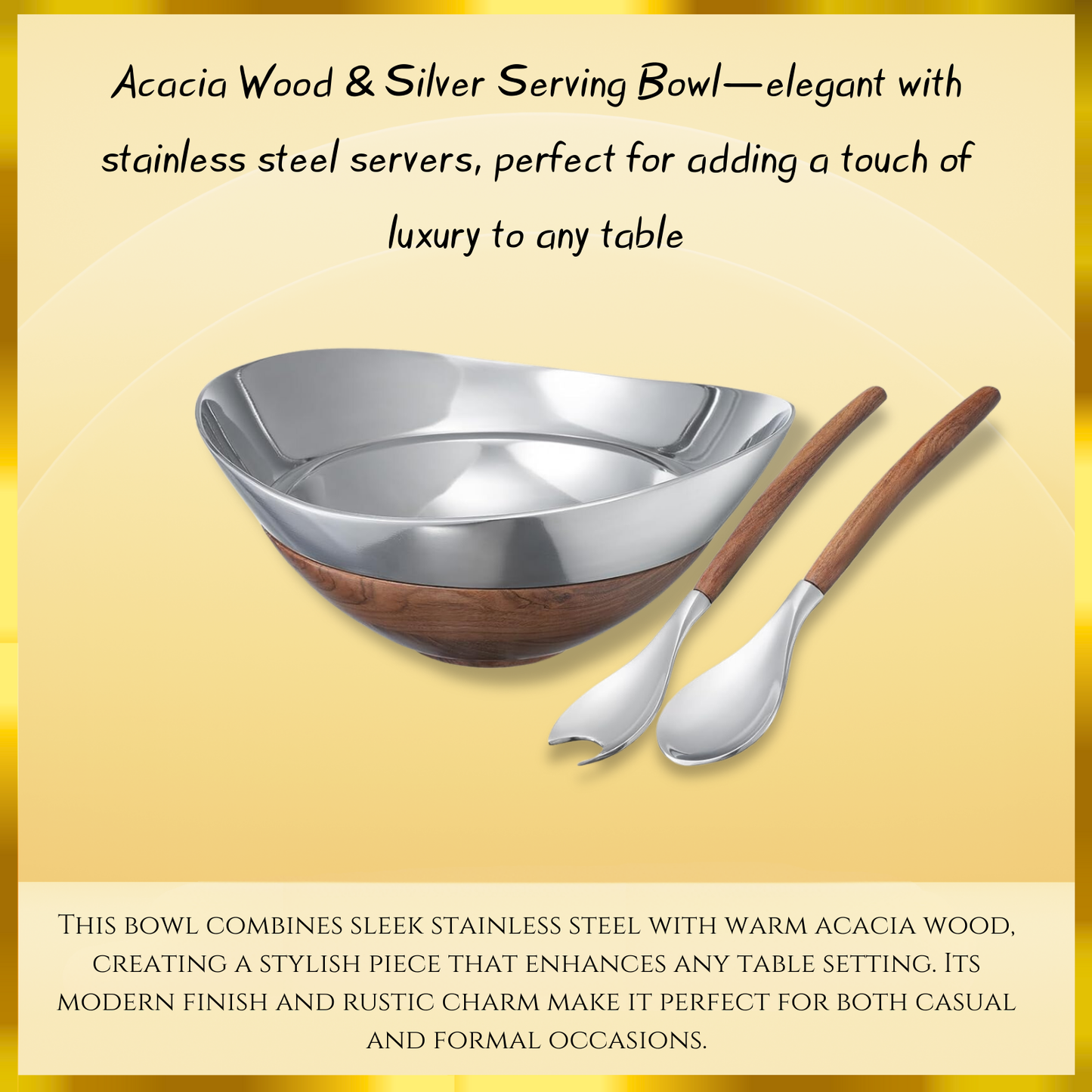 Decorative Acacia Wood & Silver Serving Bowl With Two Server