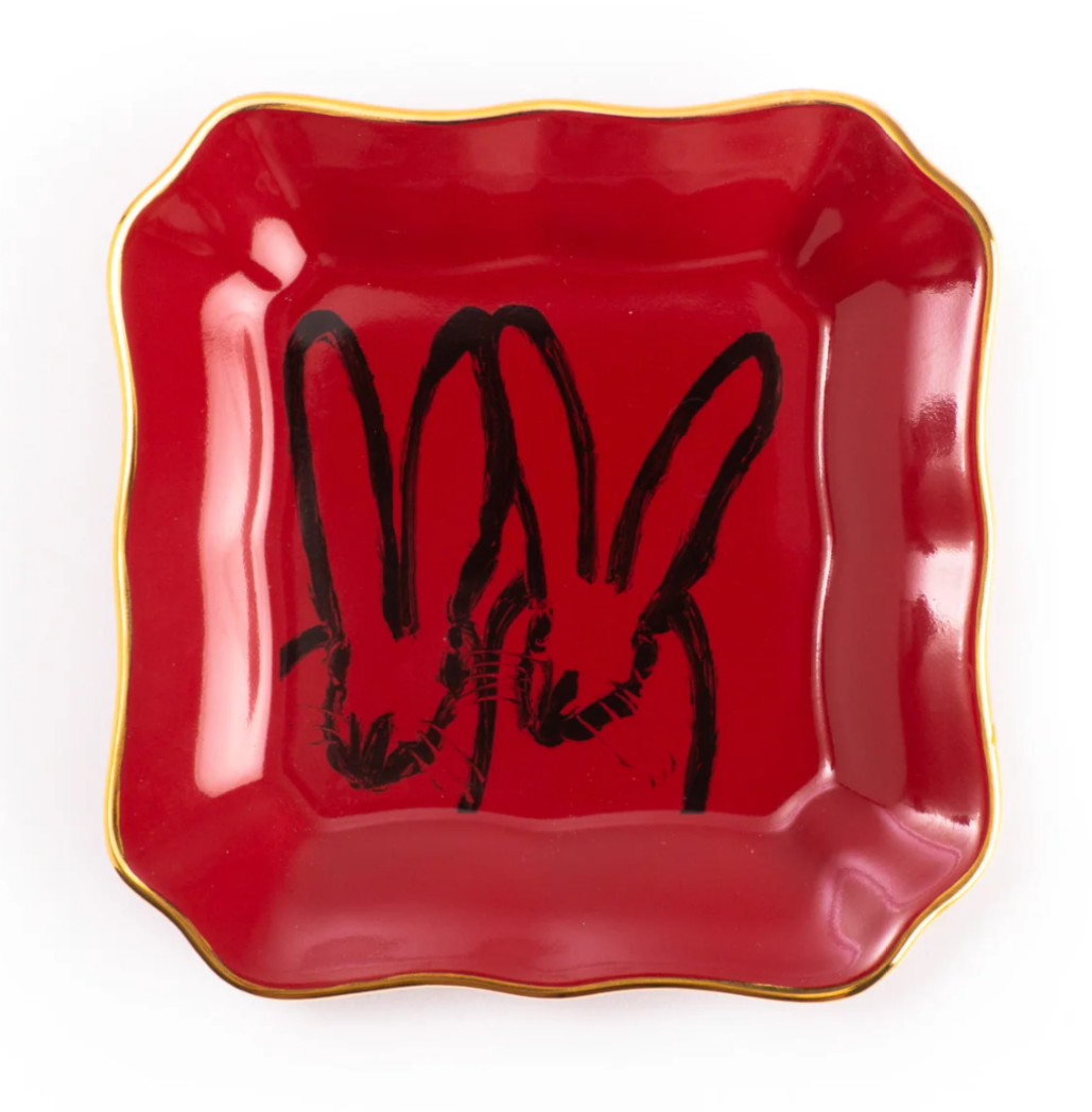 Bunny Portrait Plate with Hand-Painted Gold Rim - Red
