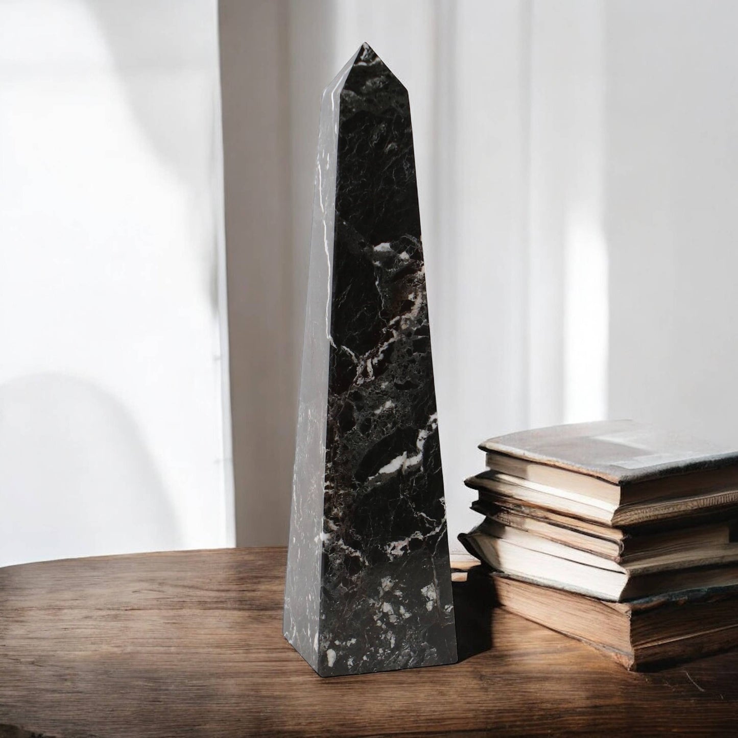 Polished Black Zebra Marble Obelisk 20”