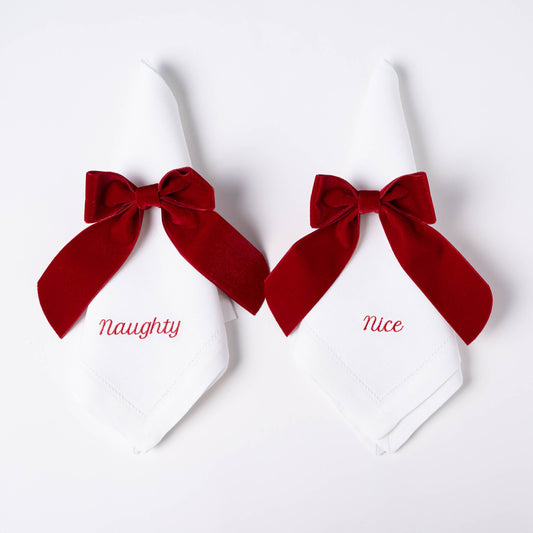 “Naughty or Nice” Linen Napkin Set –Embroidered Holiday (Bow Not Included)