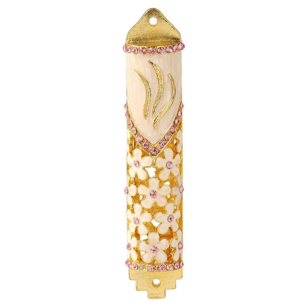 Pink and White 4.25" Hand Painted Enamel Mezuzah