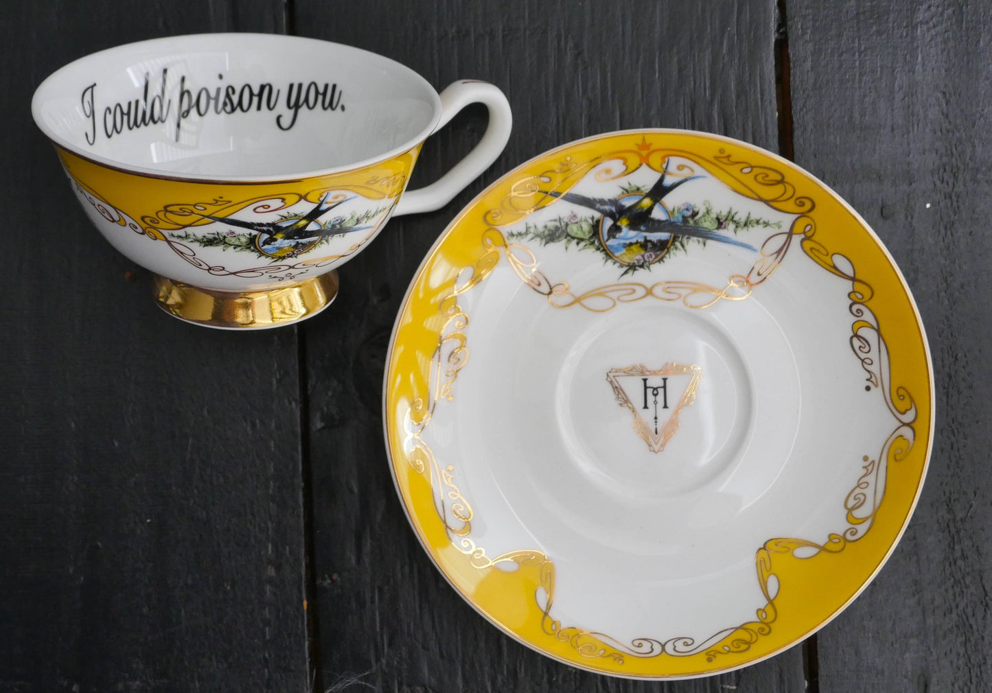 Yellow Bird Insult cup and saucer: I could poison you