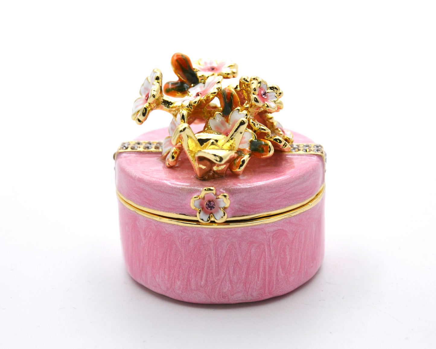 Round Shape Floral Trinket Box Made with Austrian Crystals