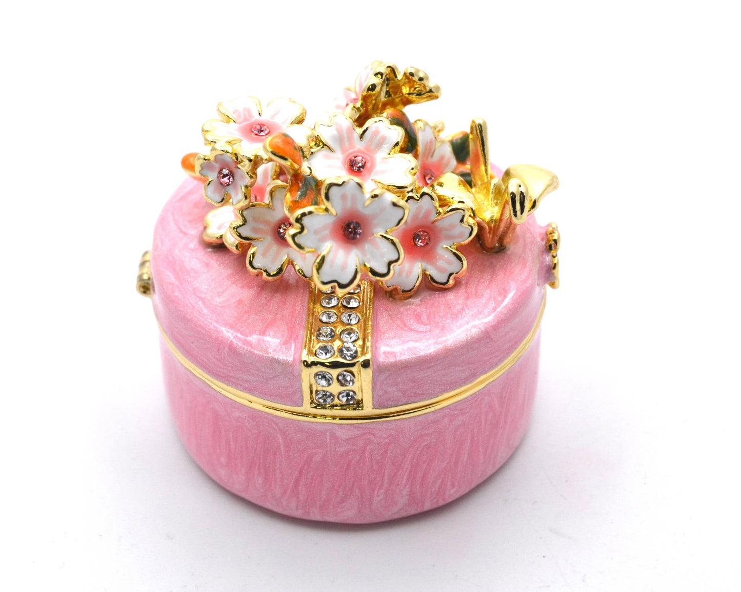 Round Shape Floral Trinket Box Made with Austrian Crystals