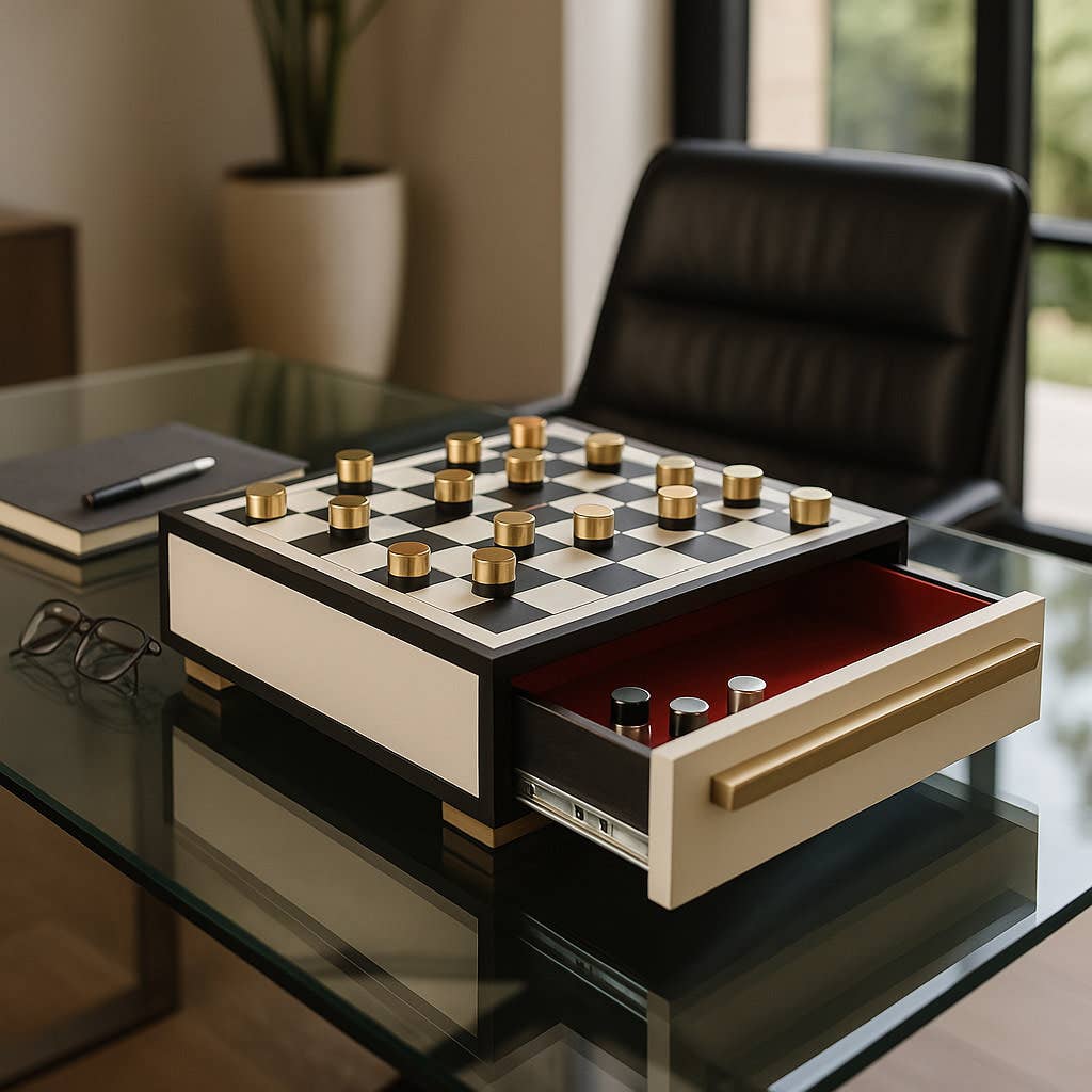 Game Set - Black/Ivory Resin Checkers with Drawer, 15 in.