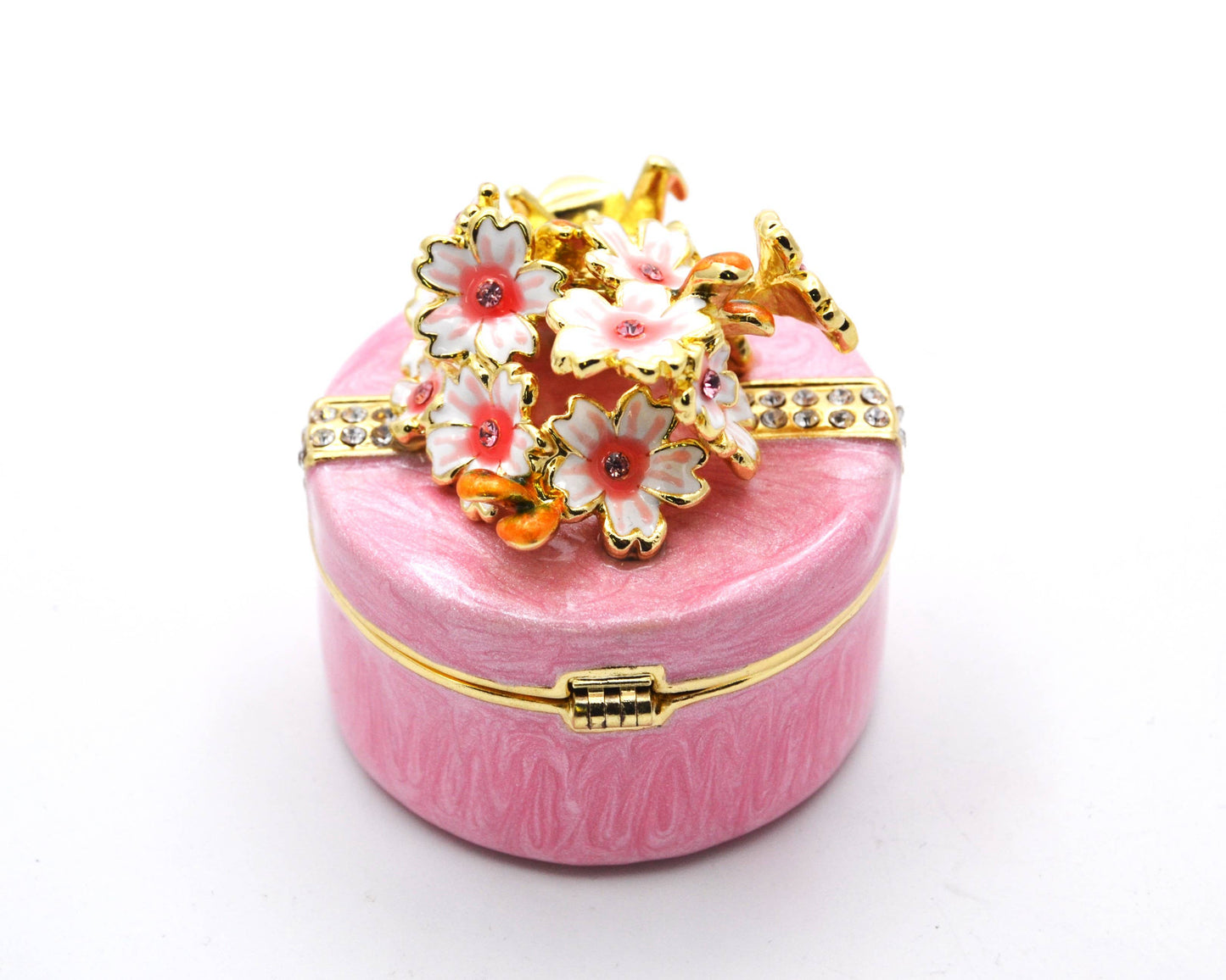 Round Shape Floral Trinket Box Made with Austrian Crystals