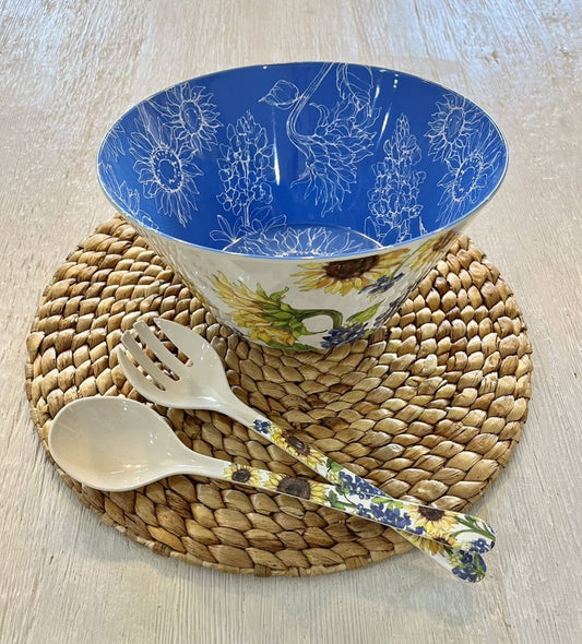 Sunflower & Bluebonnets Floral Bamboo Serving Salad Bowl and Servers