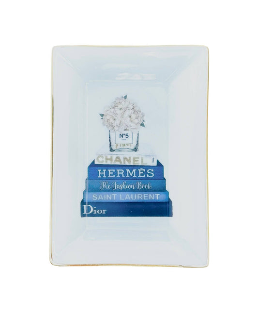 Chinoiserie Book Stack Porcelain Trinket Tray, Blue