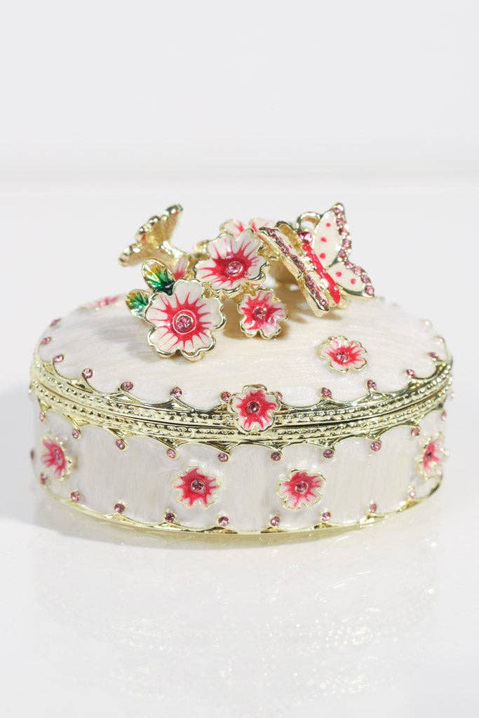 White Enamel Jewelry Box with Hot Pink Flowers and Butterfly