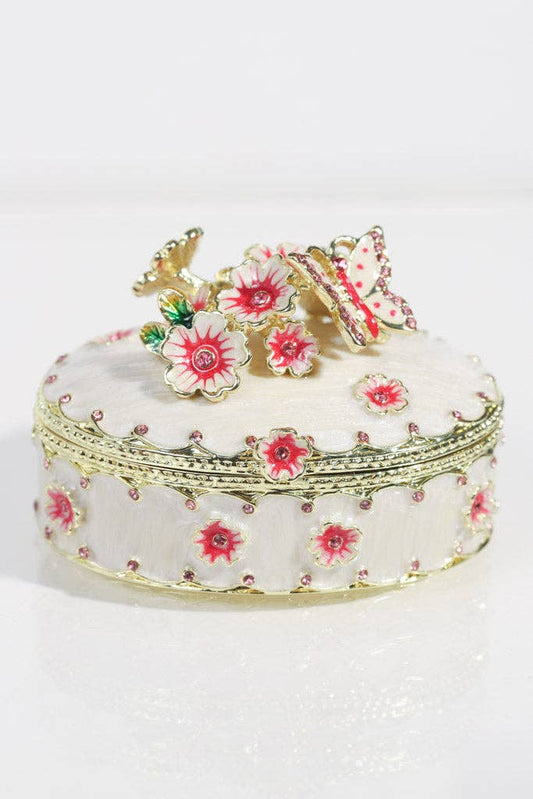 White Enamel Jewelry Box with Hot Pink Flowers and Butterfly