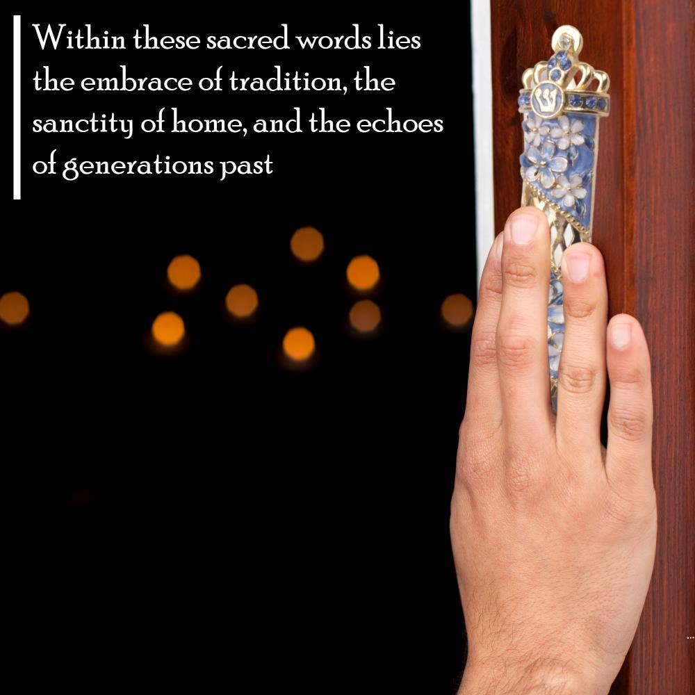 Matashi Blue Flower Jeweled Enamel Mezuzah with Crystal