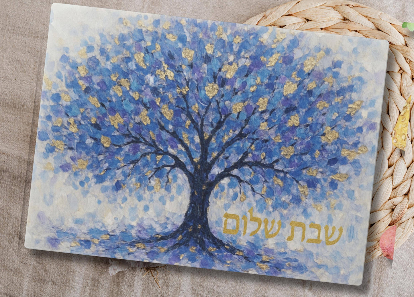 Impressionist Blue & Gold Tree of Life Challah Board