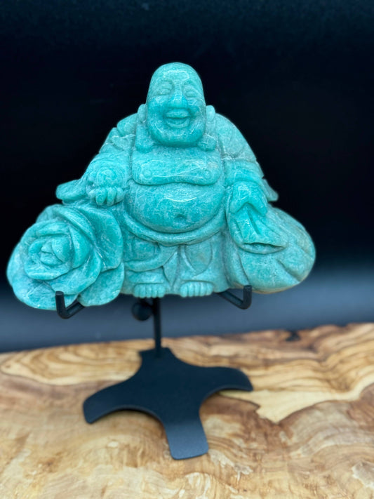 Amazonite Laughing Happy Buddha & Rose Carving L325