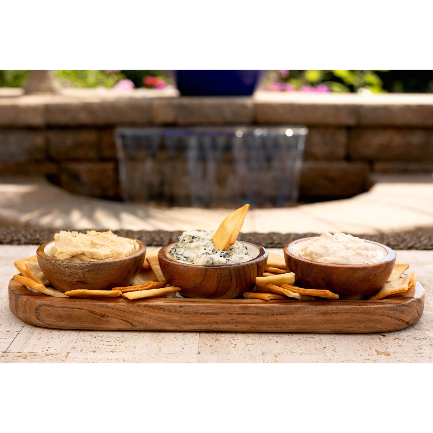 Wood + White Collection Acacia Wood 3 Dipping Bowls and Tray
