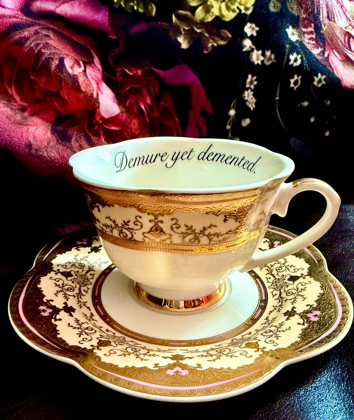 Demure yet Demented Vintage Style teacup and saucer