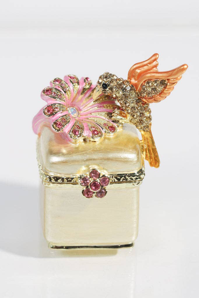 Mini Gold Enamel Ring Box with Hummingbird and Flower