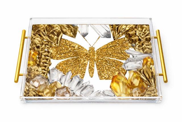 Gold Butterfly Acrylic Serving Tray  Large square 12x12in